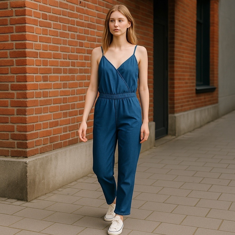Millennium Spaghetti Strap V-Neck Denim‎ Color Blue Jumpsuit